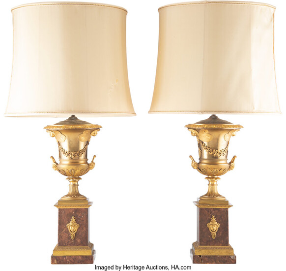 A Pair of Continental Gilt Bronze Urn-Form Lamps on Marble Bases