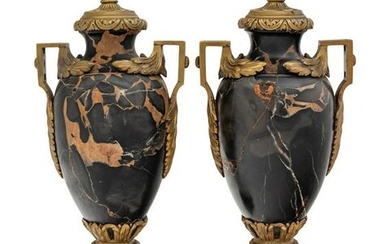 A Pair of Continental Gilt Bronze and Marble Urns