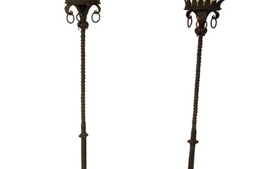 A Pair of Continental Wrought Iron Torcheres Mounted as Floor Lamps