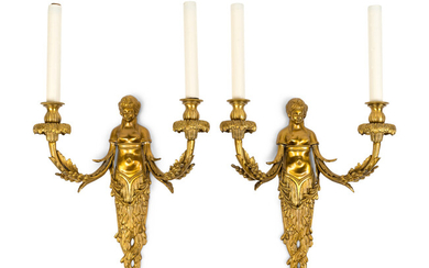 A Pair of French Style Gilt Bronze Figural Two-Light Sconces