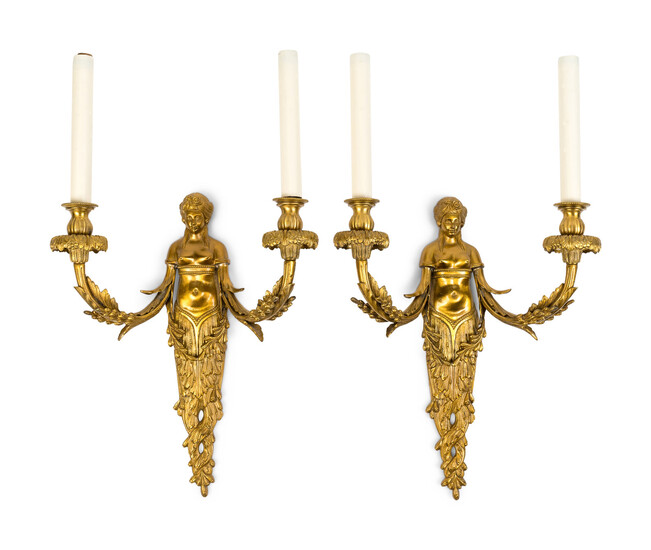 A Pair of French Style Gilt Bronze Figural Two-Light Sconces