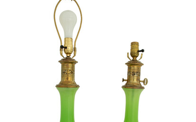 A Pair of Green Opaline Glass Base Table Lamps