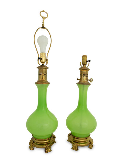 A Pair of Green Opaline Glass Base Table Lamps