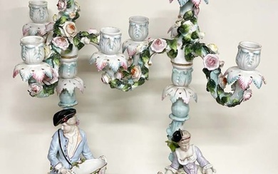 A Pair of Meissen style Figural Porcelain Candelabras