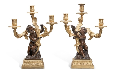 A Pair of Restauration Gilt and Patinated Bronze Three-Branch Candelabra, Circa 1820