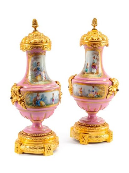 A Pair of Sèvres Style Gilt Bronze Mounted Porcelain Vases