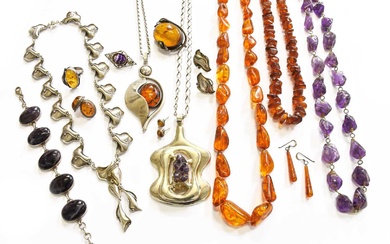 A Quantity of Jewellery, including amber and amber type necklaces,...