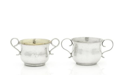 A Queen Anne miniature silver two-handled porringer by John Cole, London 1704 together with ano...