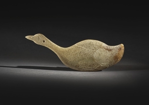 A RARE CALCIFIED JADE 'GOOSE' PENDANT SIX DYNASTIES OR EARLIER