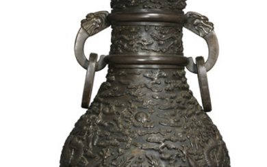 A RARE CHINESE IMPERIAL BRONZE 'DRAGON' VASE, QIANLONG CAST SIX-CHARACTER MARK WITHIN A RECTANGULAR PANEL AND OF THE PERIOD (1736-1795)