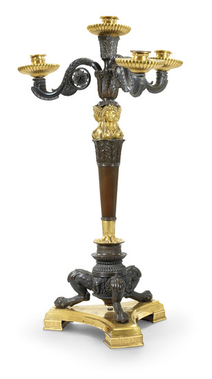 A REGENCY PATINATED-BRONZE AND ORMOLU FOUR-LIGHT CANDELABRUM, CIRCA 1810, POSSIBLY BY ALEXIS DECAIX