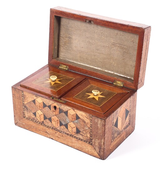 A Regency mahogany inlaid parquetry tea caddy, inset with chequered and geometric veneers
