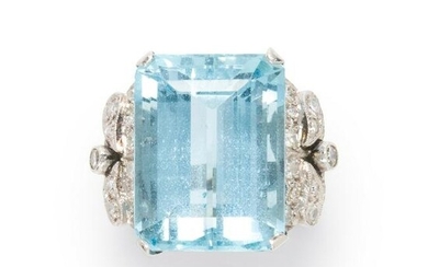A Retro aquamarine, diamond and platinum ring