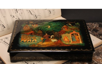 A Russian lacquer rectangular box, the hinged cover painted ...