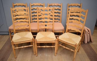 A SET OF SEVEN LADDERBACK DINING CHAIRS WITH RUSH SEATING, CUSHIONS INCLUDED (111H x 48W x 52D CM) (LEONARD JOEL DELIVERY SIZE: LARGE)