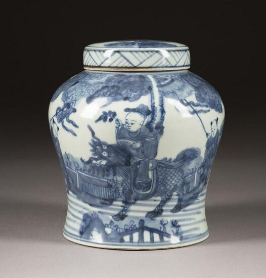 A SMALL BLUE-AND-WHITE JAR AND LID