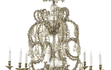 A SOUTH EUROPEAN GILT-METAL AND GLASS EIGHT-LIGHT CHANDELIER SPANISH OR ITALIAN, 19TH/20TH CENTURY, PARTS POSSIBLY EARLIER