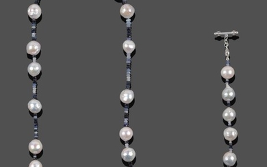 A Sapphire and Cultured Pearl Necklace, faceted sapphire beads of...