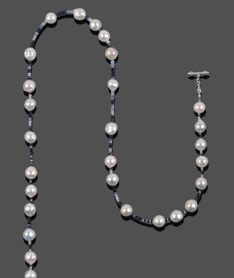 A Sapphire and Cultured Pearl Necklace, faceted sapphire beads of...