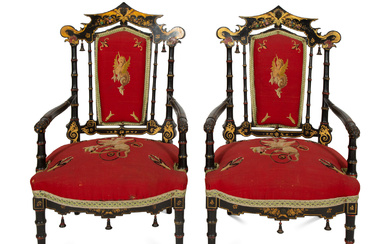 A Set of Four Black and Polychrome Chinoiserie-Decorated Chairs