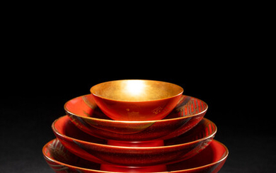A Set of Three Japanese Gilt Decorated Red Lacquered Stem Dishes