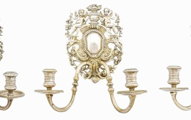 A Set of Three Silver Plate Two-Light Wall-Sconces, Apparently Unmarked,...