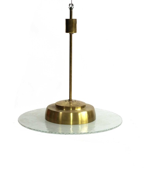 A Swedish modernist cut-glass disk and brass ceiling lamp
