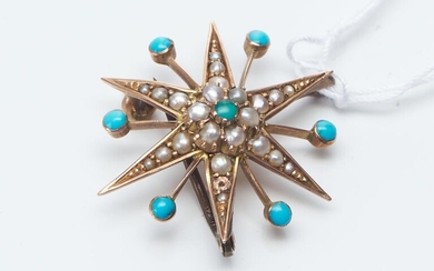 A TURQUOISE AND SEED PEARL STARBURST PENDANT IN 9CT GOLD, ONE PEARL DEFICIENT, 25MM, 3GMS