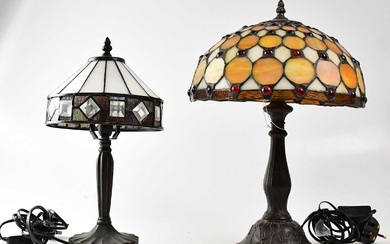 A Tiffany-style leaded and stained glass table lamp on embossed...