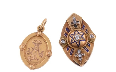 A VICTORIAN DIAMOND AND ENAMEL BROOCH AND A GOLD PENDANT