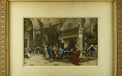 A VICTORIAN HAND COLORED PRINT OF A FRENCH COURT