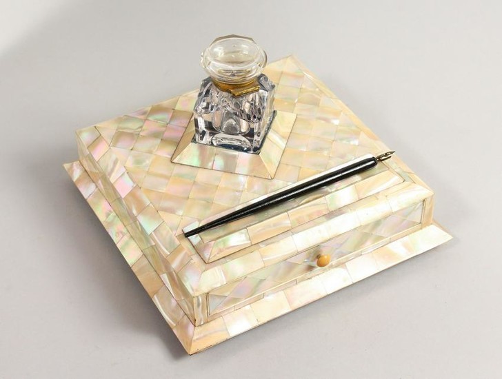 A VICTORIAN MOTHER-OF-PEARL SQUARE TABLE DESK INKSTAND