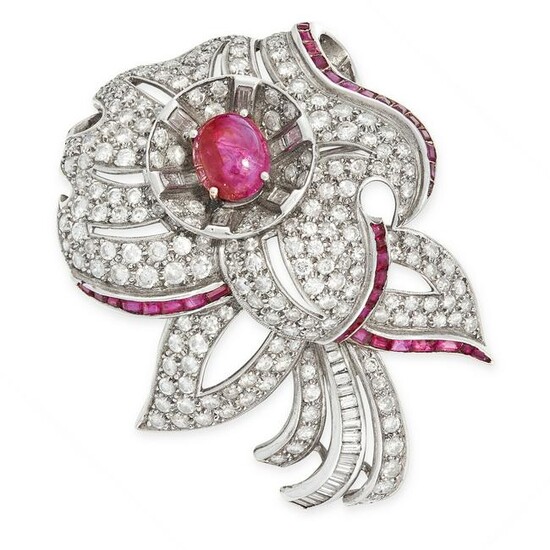 A VINTAGE RUBY AND DIAMOND BROOCH / PENDANT designed as