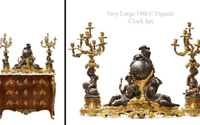 A Very Large 19th C. French Figural Patinated Bronze Clock set
