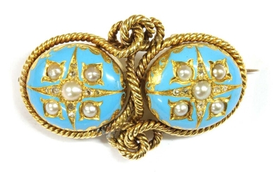 A Victorian gold split pearl, diamond and enamel brooch