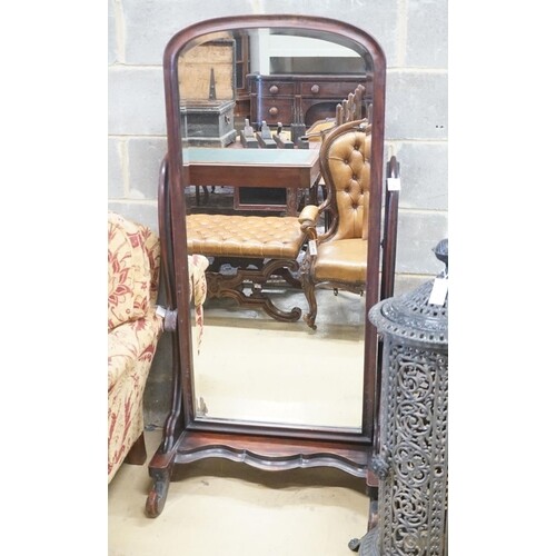 A Victorian mahogany cheval mirror, width 74cm height 153cm ...