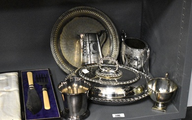 A Victorian style silver plated and lidded entre dish, measuring 30cm long, together with other