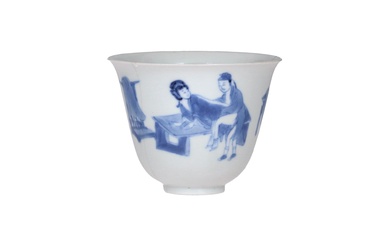 A blue and white porcelain cup, decorated with erotic scene. Marked with 6-character Chenghua mark. China, Kangxi. H. 5 cm. Diam. 6.5 cm.