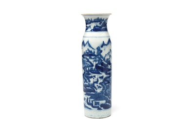 A blue and white porcelain vase with flaring-mouth painted with a continuous of landscape design