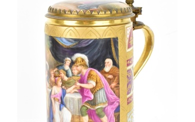 A brass-mounted Royal Vienna porcelain tankard, of cylindric...