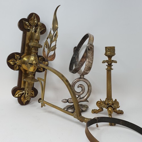 A brass wall hanging oil lamp holder, three others, various ...