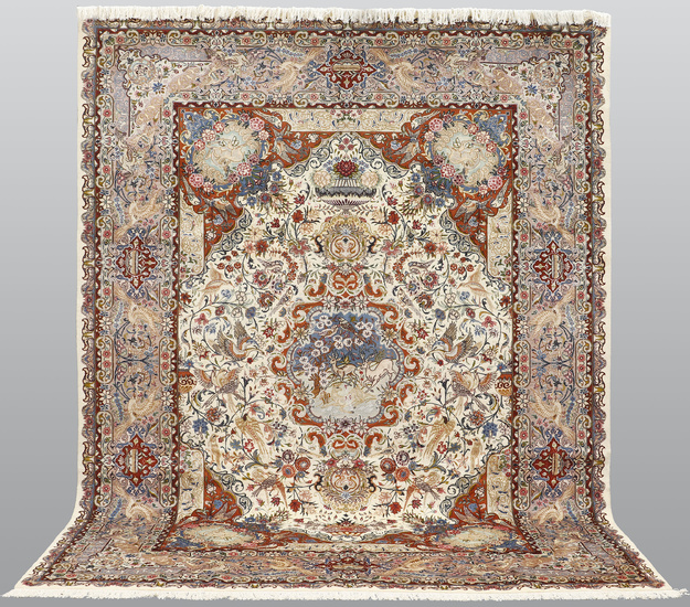 A carpet, Figural Kashmar, part silk, ca 396 x 294 cm