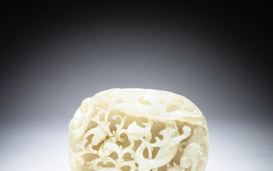 A carved celadon jade 'chilong' plaque, Yuan - Ming dynasty...