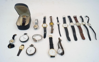A collection of watches, to include an Emporio Armani stainless steel watch, on Armani embossed leather strap with stainless steel pin buckle, with original case and original warranty papers; together with wristwatches, gentleman's and ladies' to...