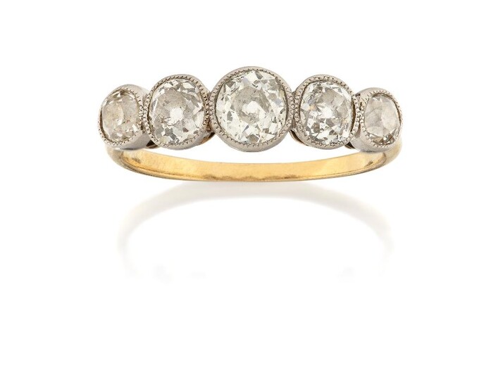 A diamond five stone ring, the five collet-set graduating old brilliant-cut diamonds to a plain hoop, unmarked, ring size approx. O