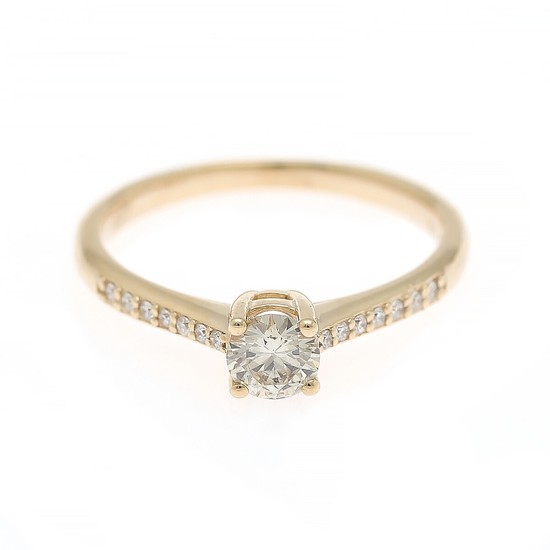 A diamond ring set with a brilliant-cut diamond flanked by numerous brilliant-cut diamonds weighing a total of app. 0.38 ct, mounted in 14k gold. Size 54.