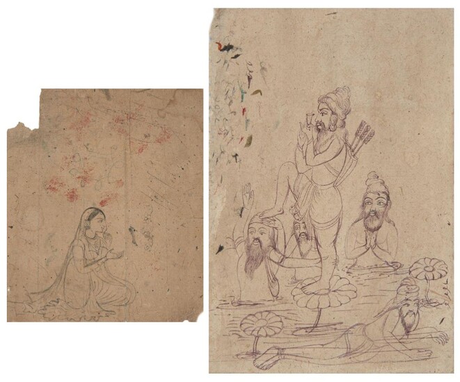 A drawing of Rani Jindan (D. 1863), Maharaja Ranjit Singh's youngest wife, Sikh school, Punjab, India, 19th century, ink on paper, identifying inscription to reverse, 15.6 x 13.5cm.; and a drawing of Akali Nihang in various poses, 24.2 x 16cm. (2)...