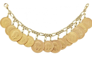 A figaro link coin bracelet, suspending four pendant mounted sovereigns...