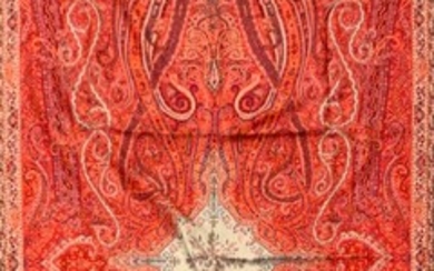 A fine red ground Indian silk and wool paisley pattern shawl, 205 x 104cm.