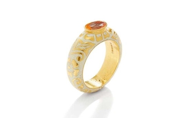 A fire opal and enamel single-stone ring